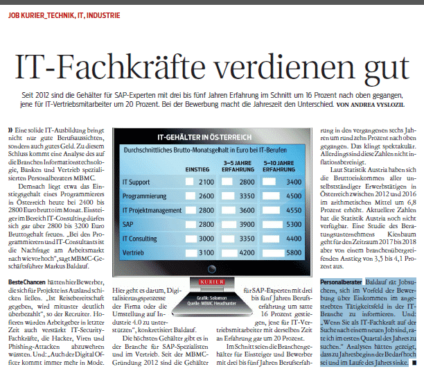 IT Gehälter in Österreich - Kurier Artikel vom 16.06.2018